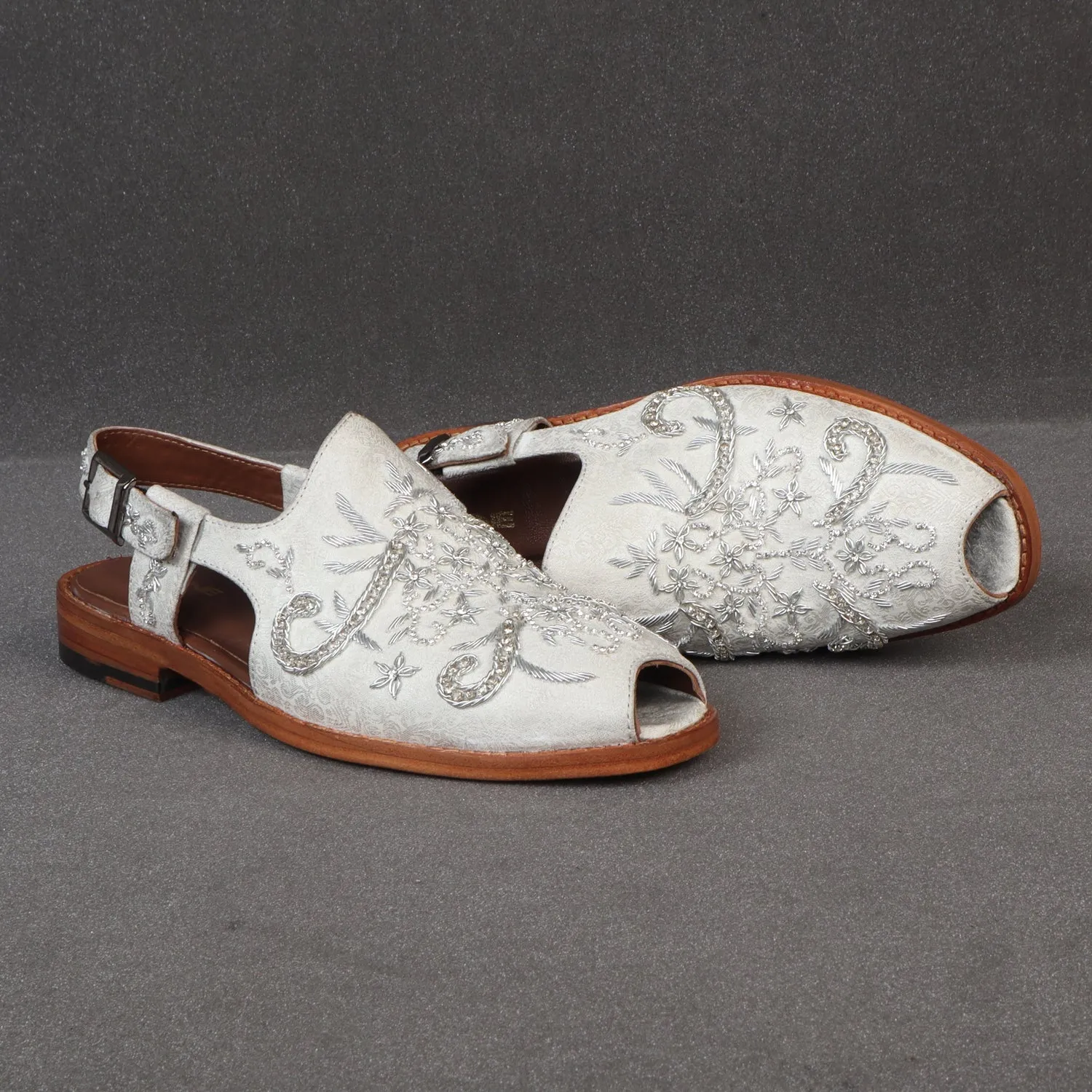 Full Zardosi Peshawari White Sandal with Gunmetal Buckle