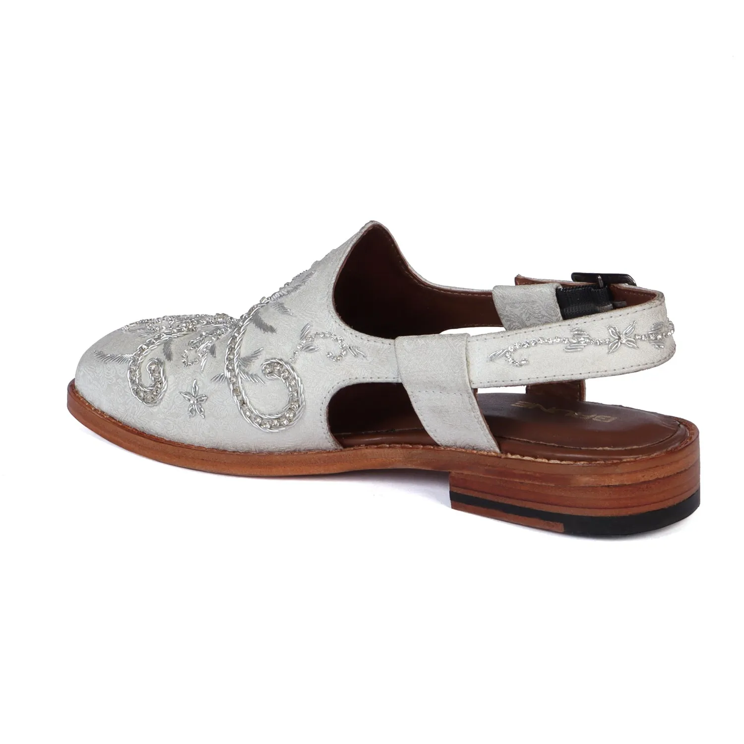 Full Zardosi Peshawari White Sandal with Gunmetal Buckle