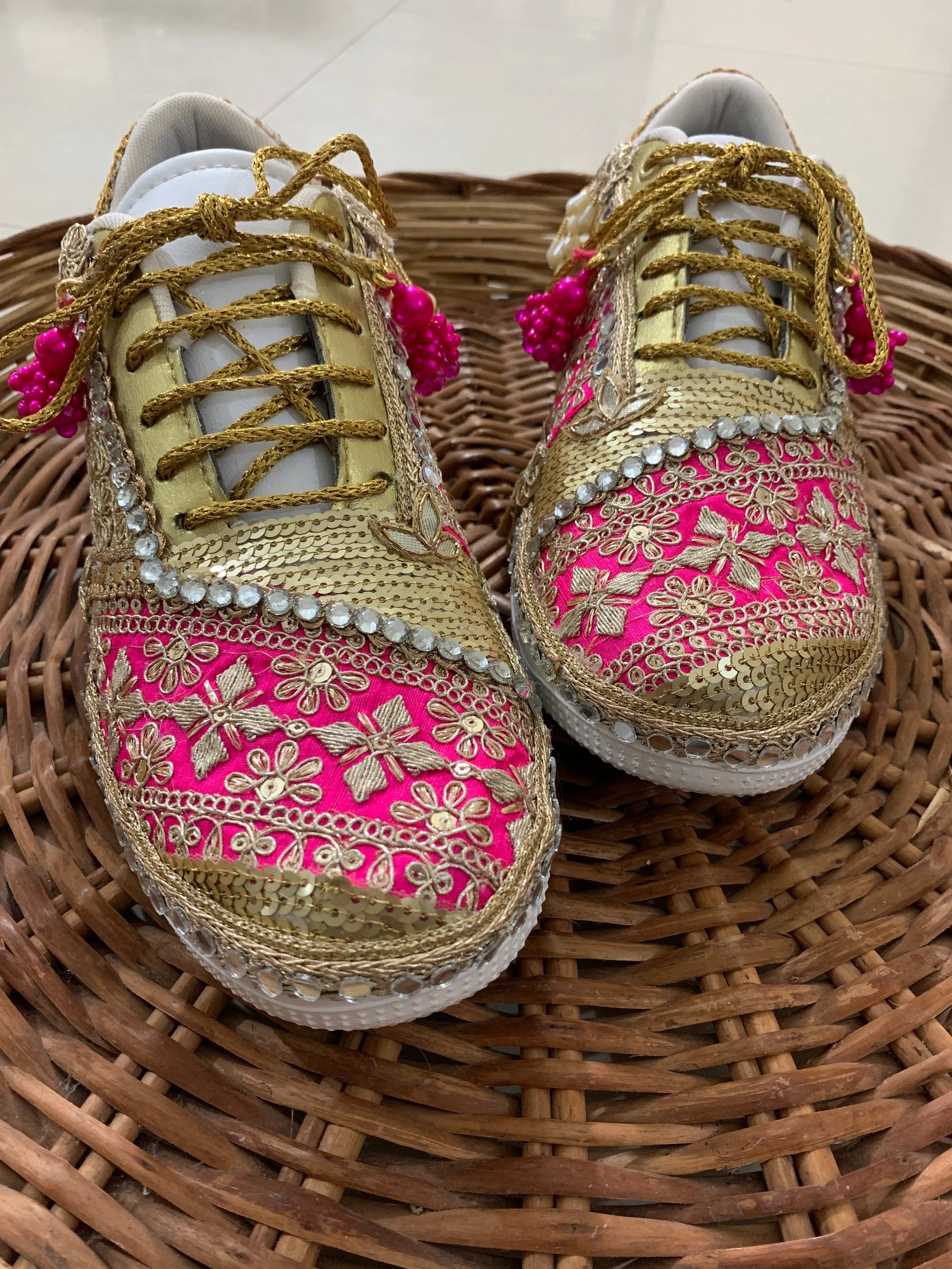 FUNKY N TRENDY hot pink sneakers with rhinestone detailing for brides /bridesmaids / sneakers for bridesmaids/ handcrafted sneakers/ sequine sneakers / bridal sneakers / bridesmaid sneakers/ pink sneakers / gold shoes/ rani pink sneakers