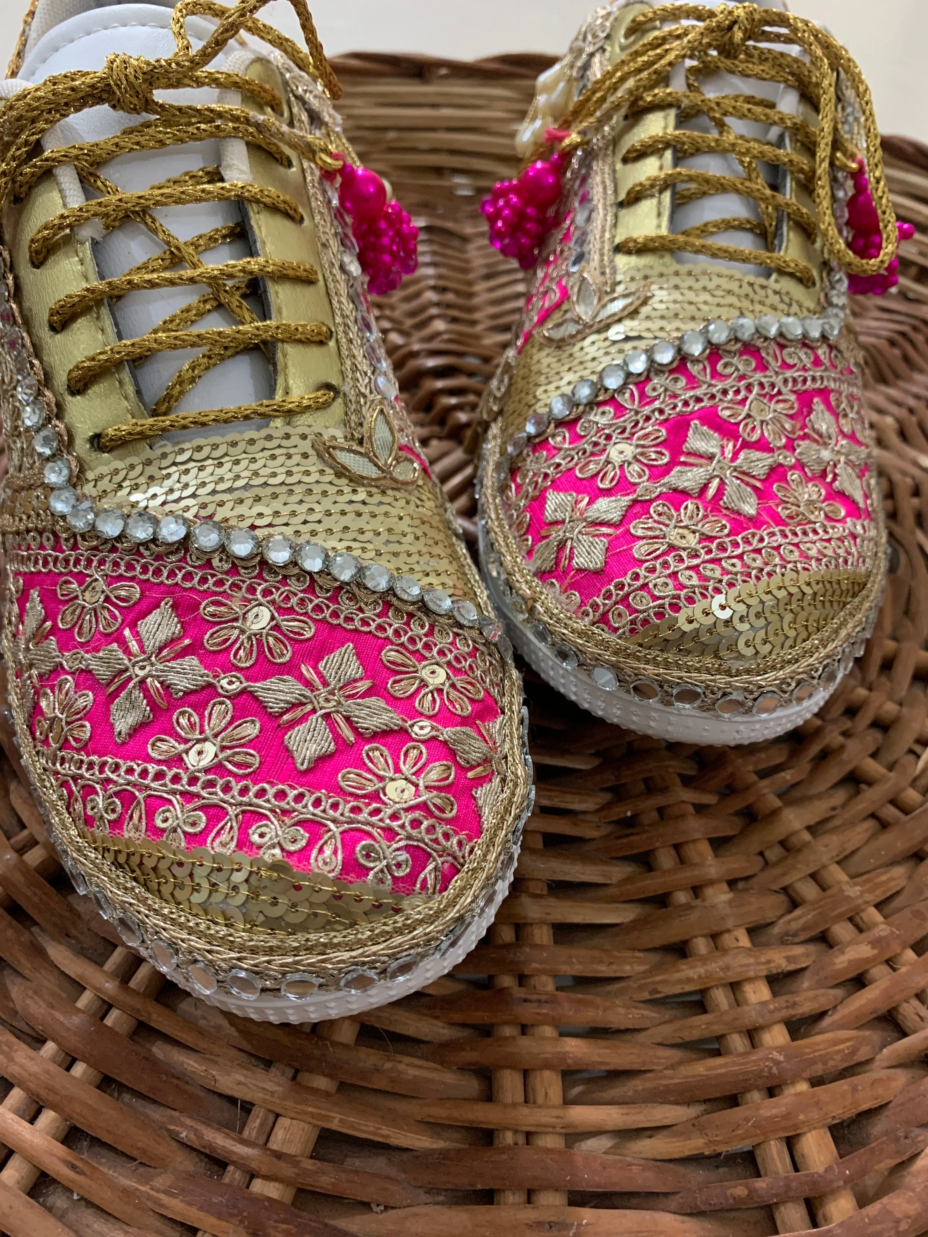 FUNKY N TRENDY hot pink sneakers with rhinestone detailing for brides /bridesmaids / sneakers for bridesmaids/ handcrafted sneakers/ sequine sneakers / bridal sneakers / bridesmaid sneakers/ pink sneakers / gold shoes/ rani pink sneakers