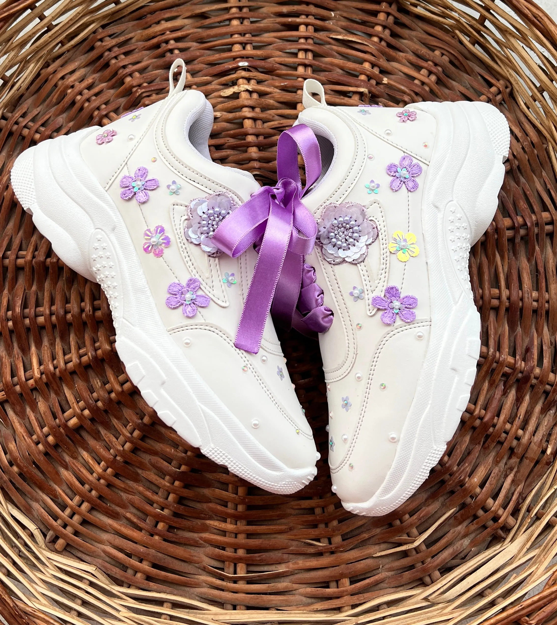 Funky N Trendy purple / lilac/ lavender embroidery floral work bridal sneakers/ bridesmaid sneaker / hancrafted sneakers / purple sneakers / white sneakers