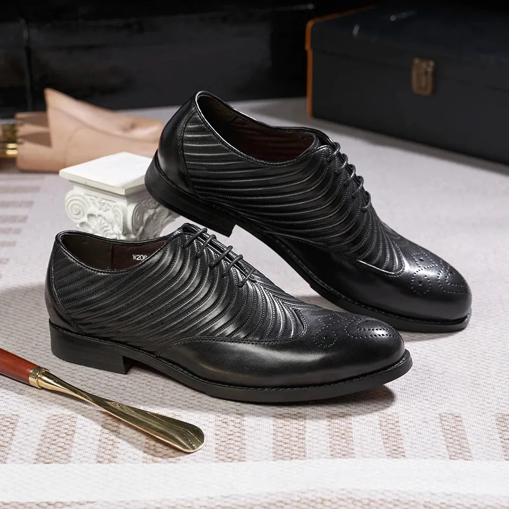 Genuine Leather Striped Brogue Shoes