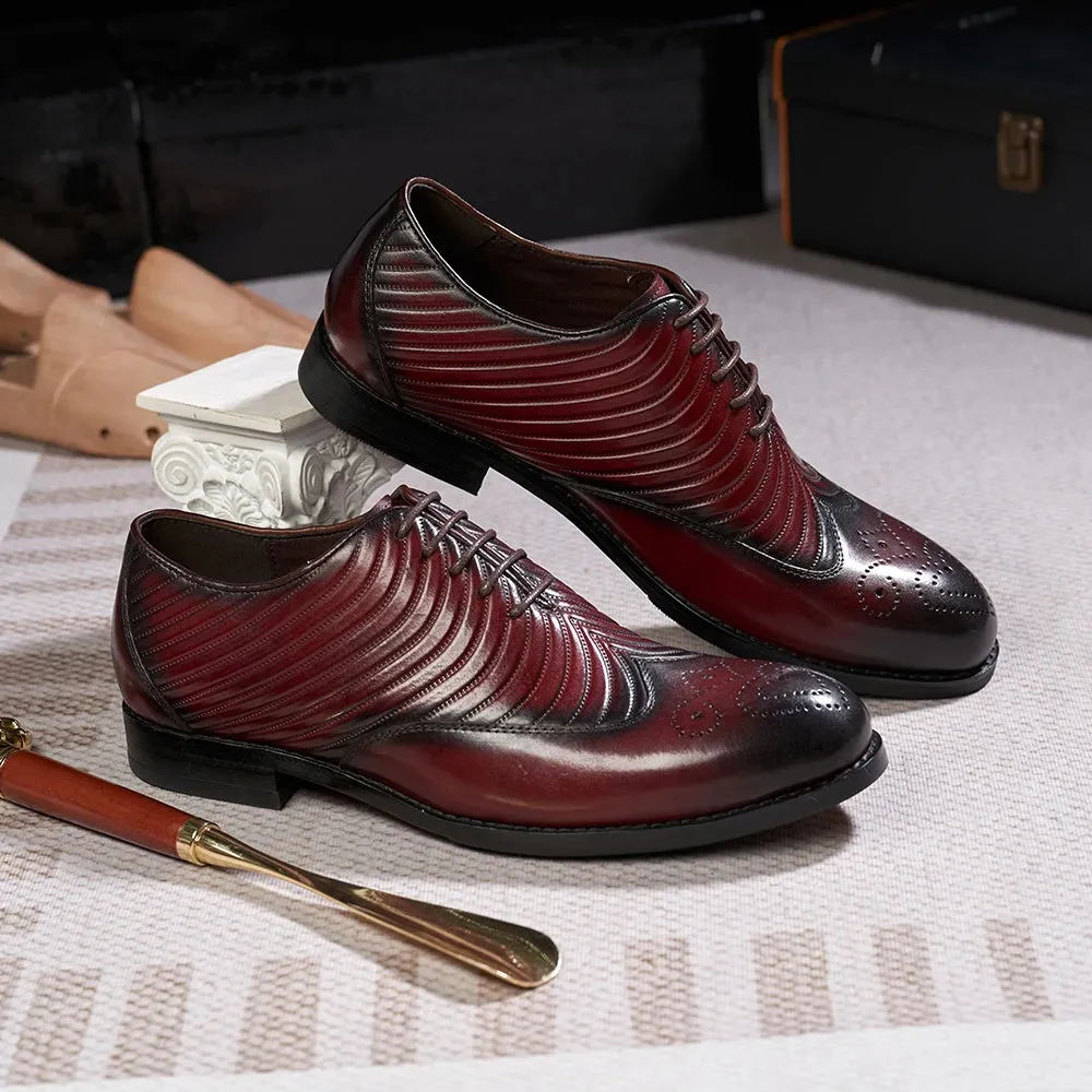 Genuine Leather Striped Brogue Shoes