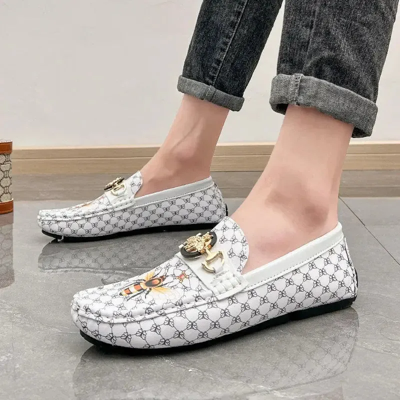 Geometric Printed Bee Appliques Loafers