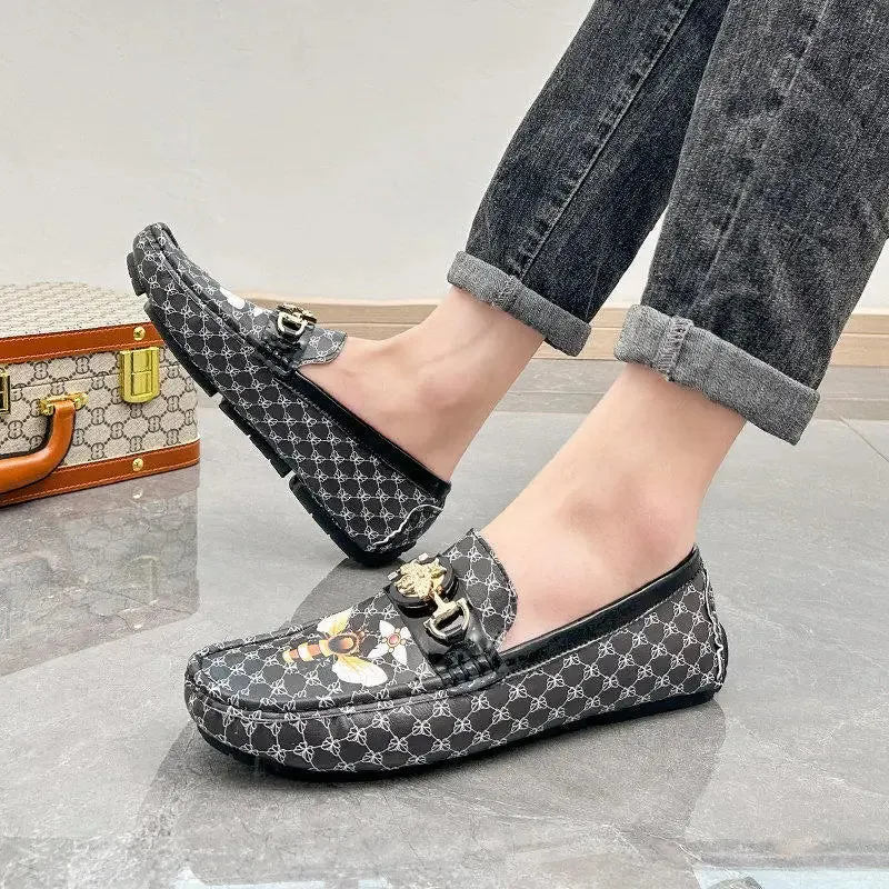 Geometric Printed Bee Appliques Loafers