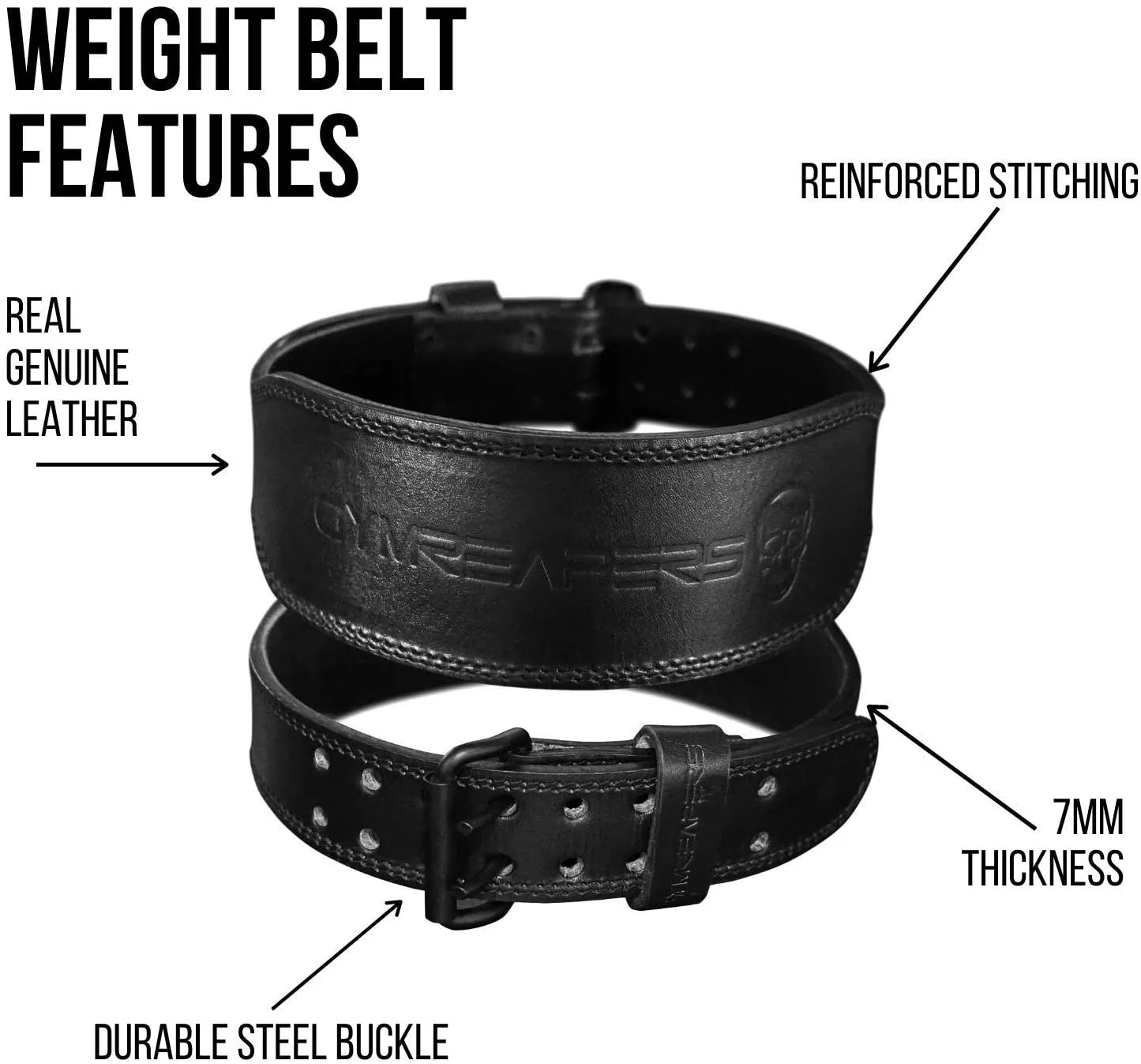 Gymreapers Weight Lifting Belt - 7MM Heavy Duty Pro Leather Belt with Adjustable Buckle - Stabilizing Lower Back Support 4 Inches Wide for Weightlifting, Bodybuilding, Cross Training