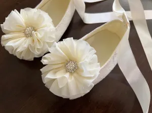 Lace Baptism Crib Shoes, Ivory Flowers & Rhinestones