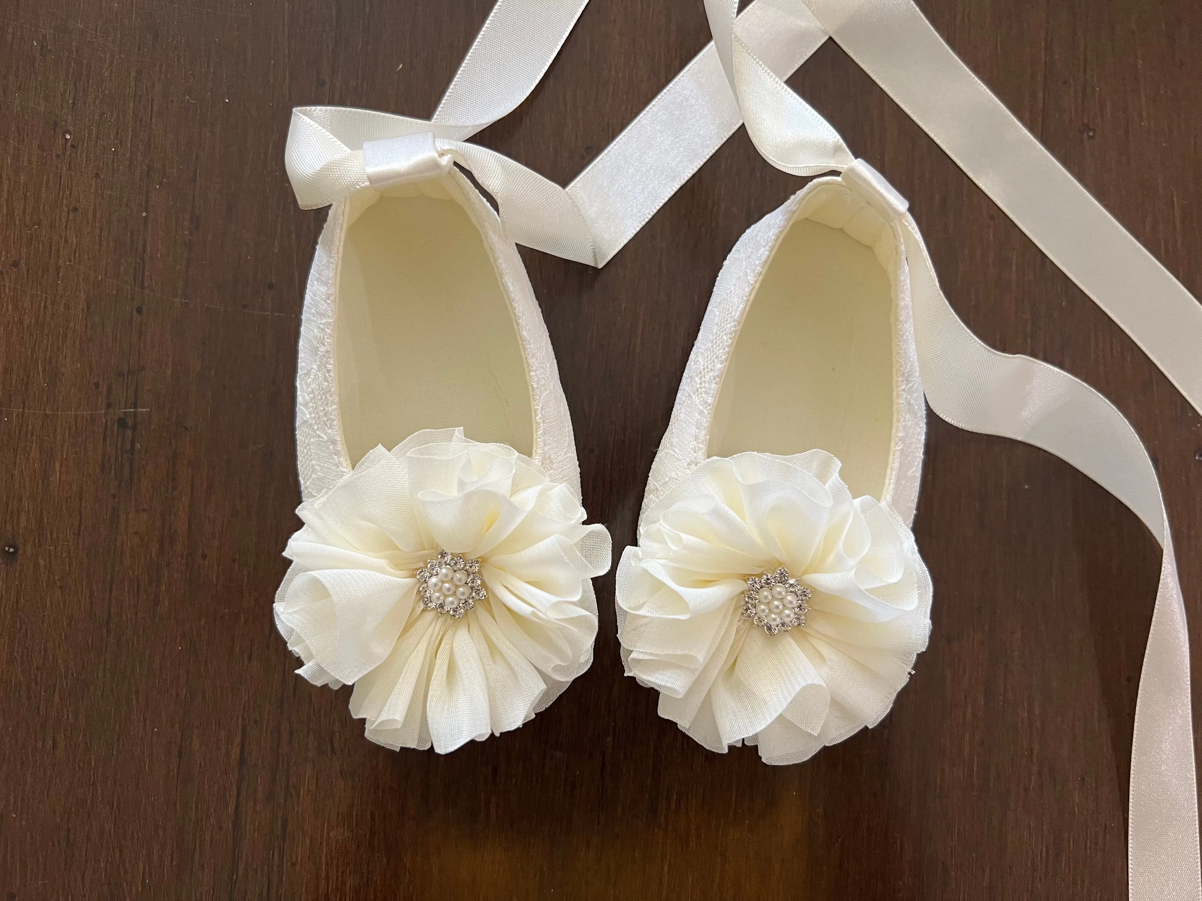 Lace Baptism Crib Shoes, Ivory Flowers & Rhinestones