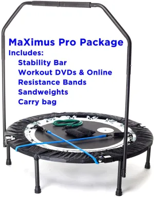 MaXimus PRO Folding Rebounder USA | Voted #1 Indoor Exercise Mini Trampoline For Adults With Bar | Best Home Gym for Fitness & Lose Weight| FREE Storage Bag, Resistance Bands, ONLINE & DVD Workouts | Already Assembled