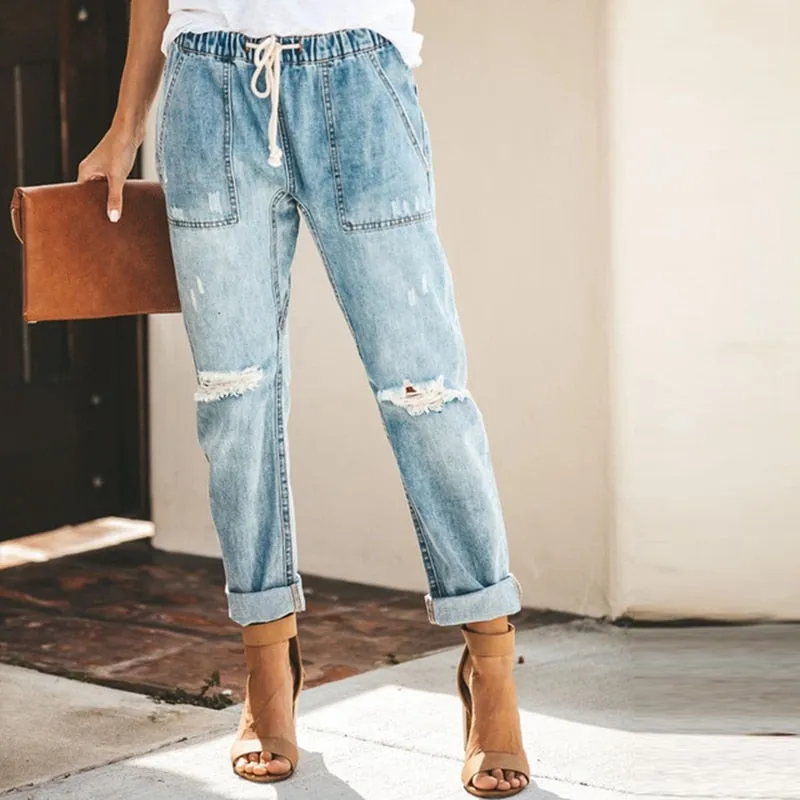 Mid Waist Boyfriend Ripped Jeans