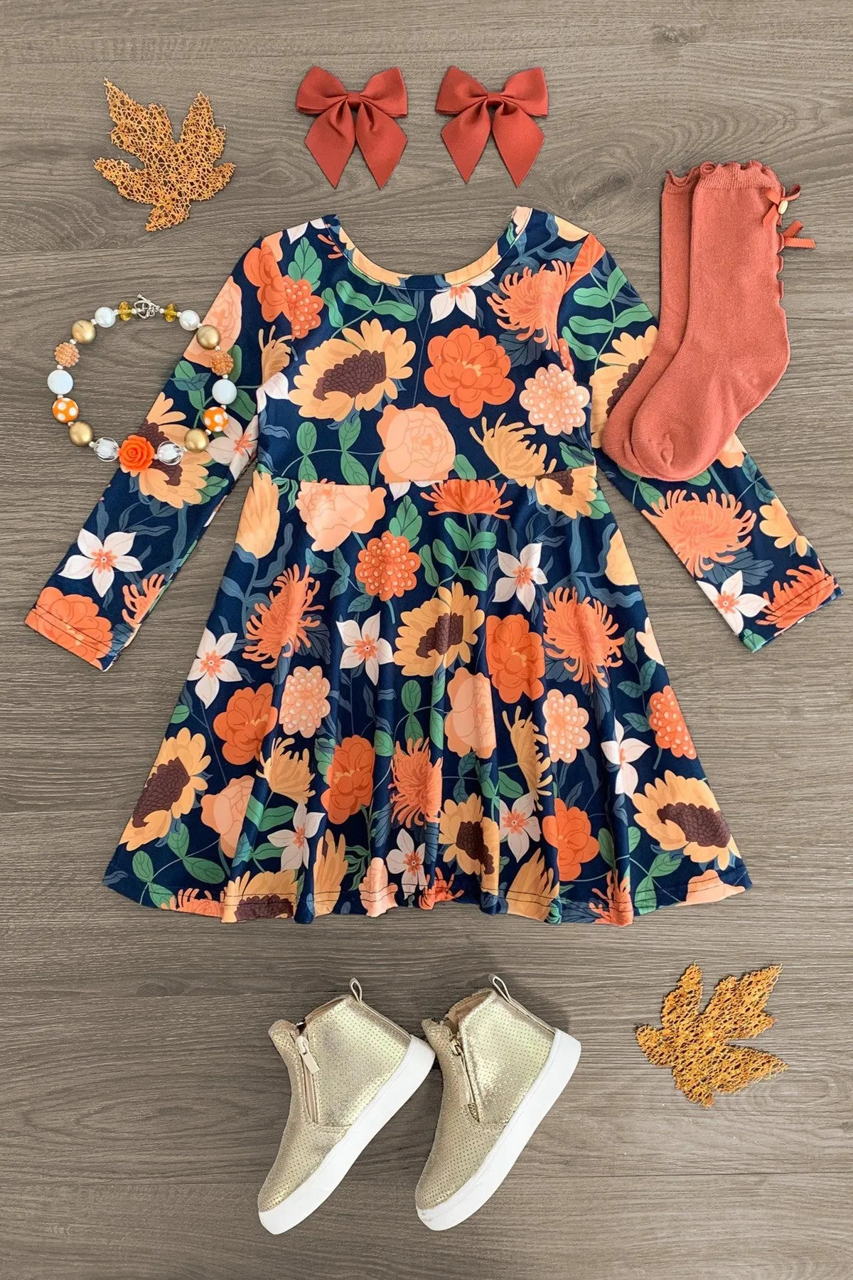 Navy & Orange Floral Long Sleeve Dress