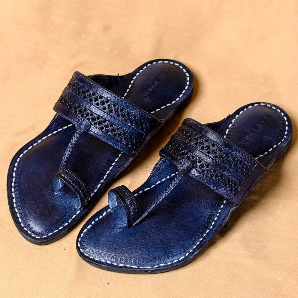 Navy Blue - Men Colorful Strides: Classic Kolhapuri Leather Slippers