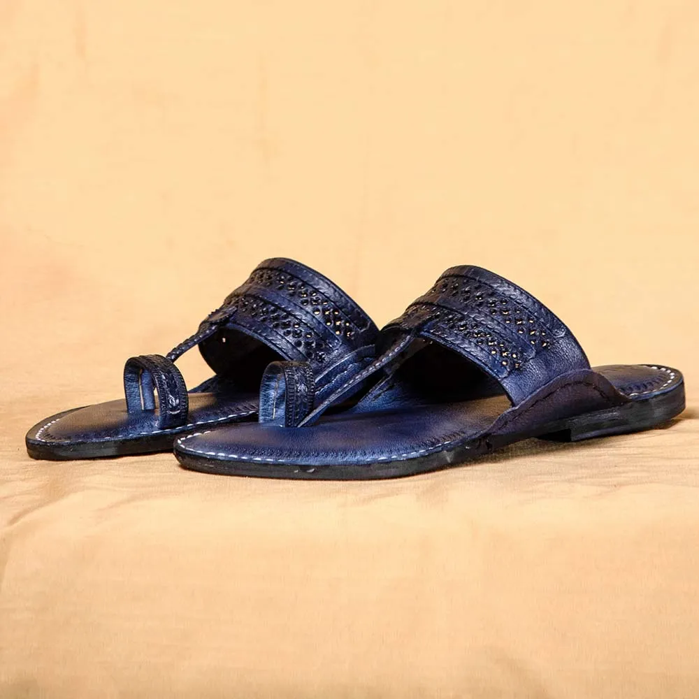 Navy Blue - Men Colorful Strides: Classic Kolhapuri Leather Slippers