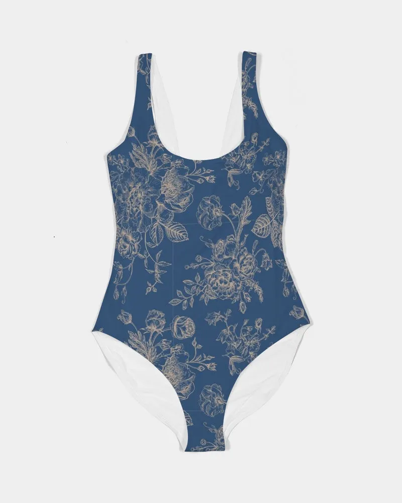 Navy Toile Floral Feminine One-Piece Swimsuit