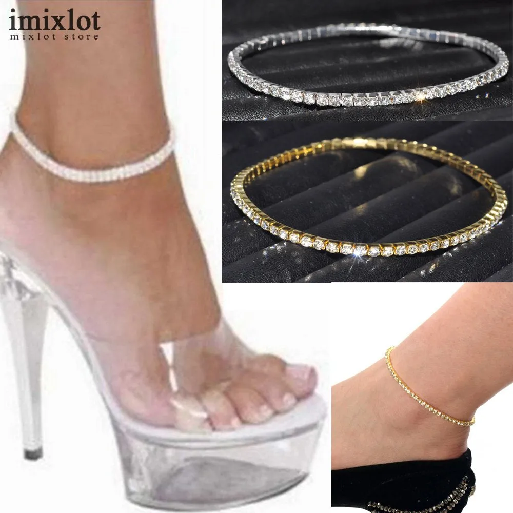 One Row Clear Crystal Tennis Silver Gold Stretch Anklet Foot Chain Leg Bracelet Rhinestone Ankle Bracelet tornozeleira femininas