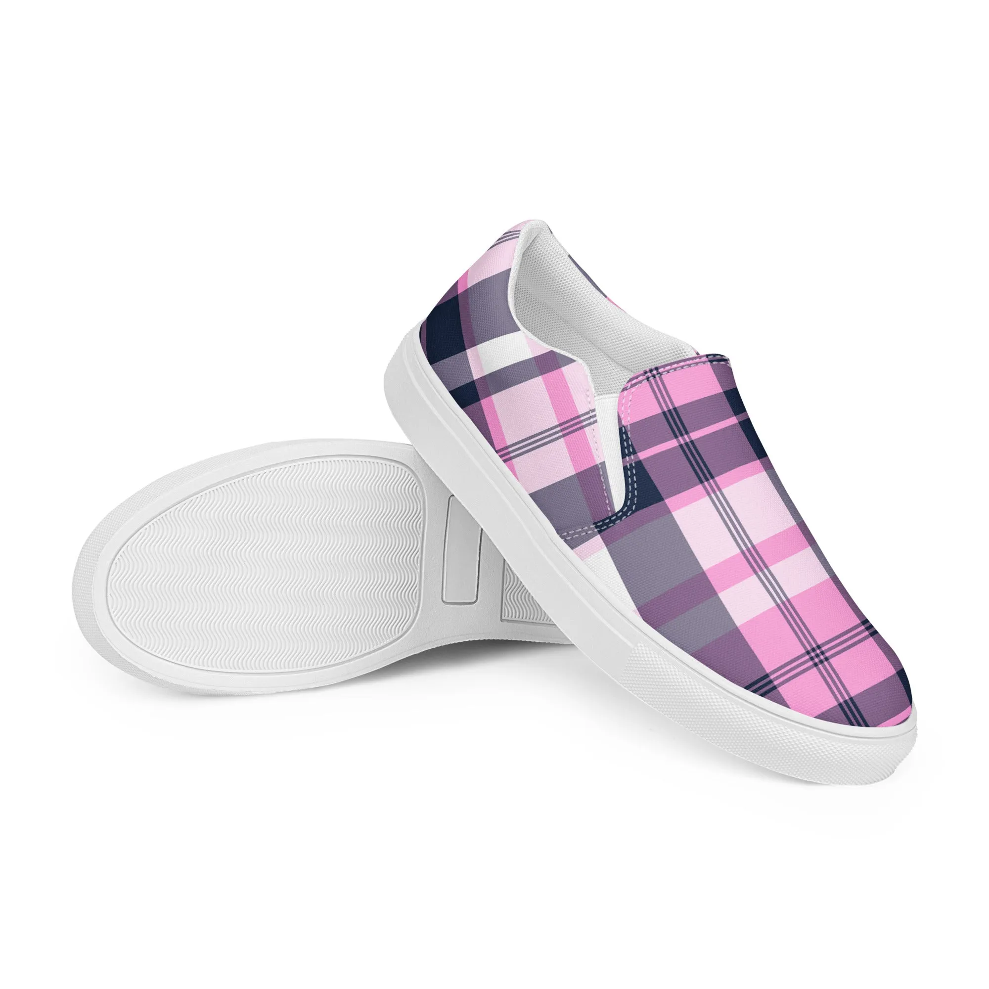 Pink and Navy Blue Preppy Surfer Plaid Women's Slip On Canvas Shoes