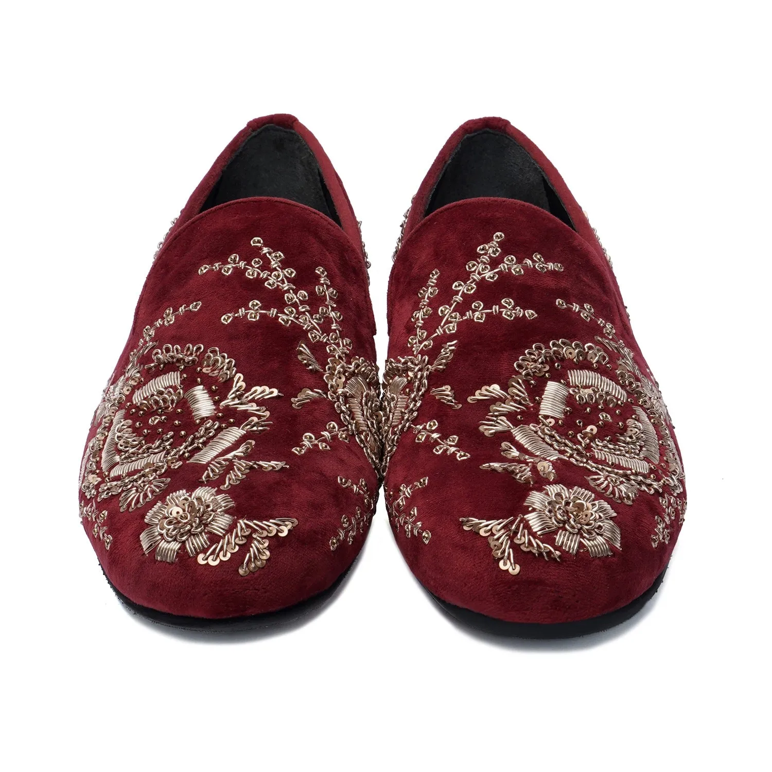 Pink Italian Velvet Slip-On Shoes Wedding Oriented Golden Zardosi Embroidery