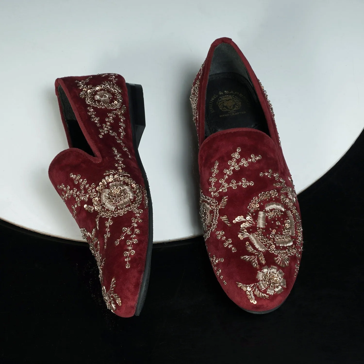 Pink Italian Velvet Slip-On Shoes Wedding Oriented Golden Zardosi Embroidery