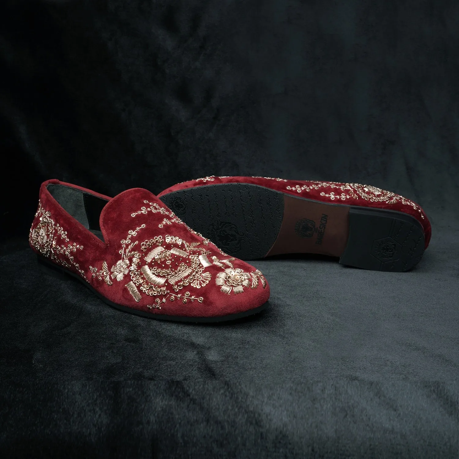 Pink Italian Velvet Slip-On Shoes Wedding Oriented Golden Zardosi Embroidery