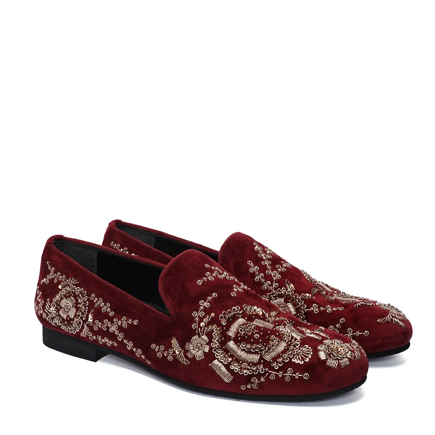 Pink Italian Velvet Slip-On Shoes Wedding Oriented Golden Zardosi Embroidery