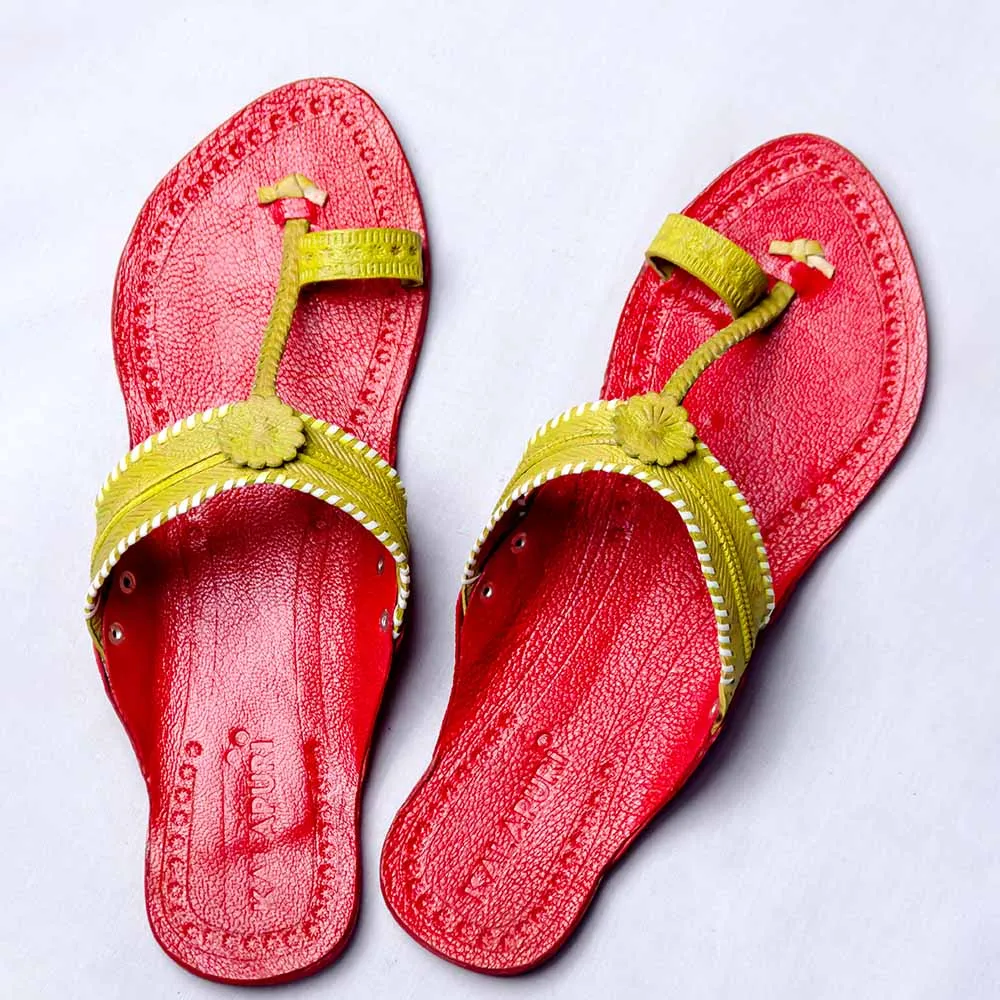 Red - Women Floral Delight: Flower Punch Kolhapuri Leather Slippers