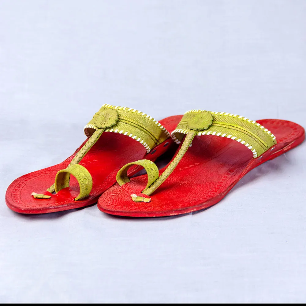 Red - Women Floral Delight: Flower Punch Kolhapuri Leather Slippers