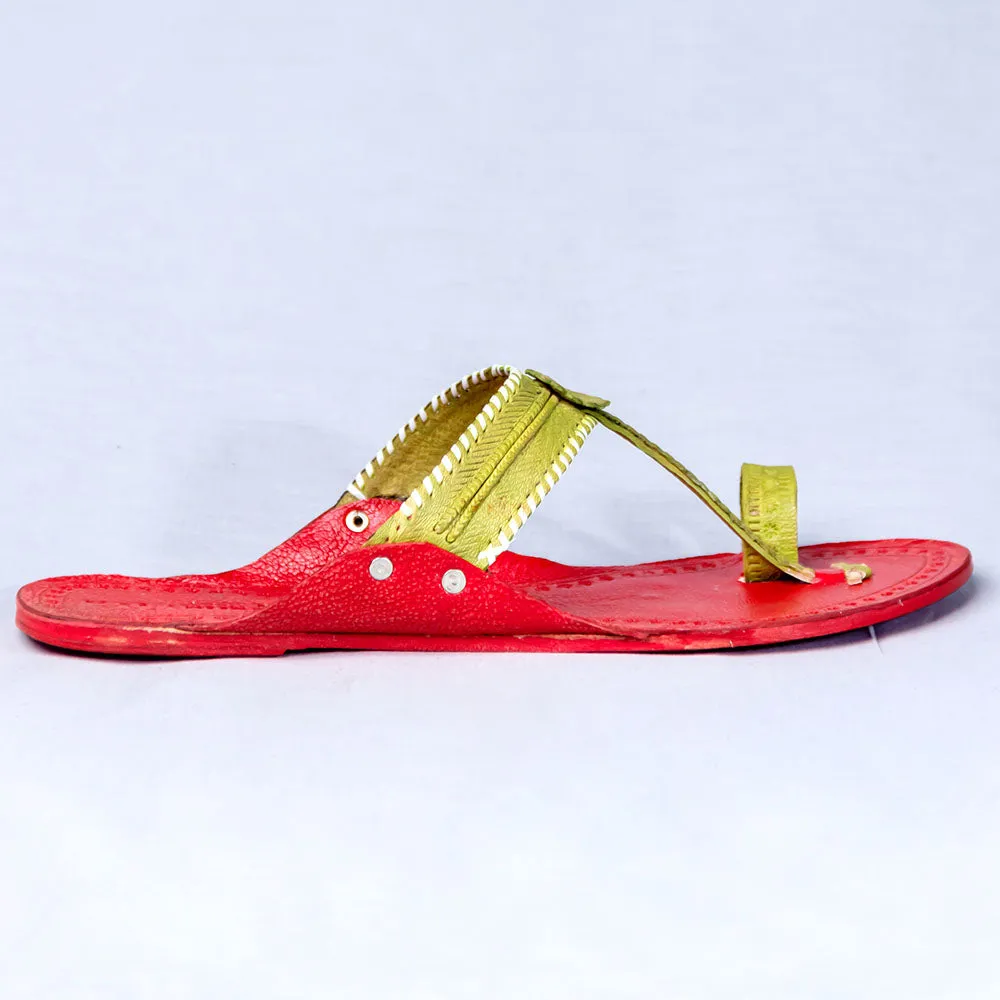 Red - Women Floral Delight: Flower Punch Kolhapuri Leather Slippers