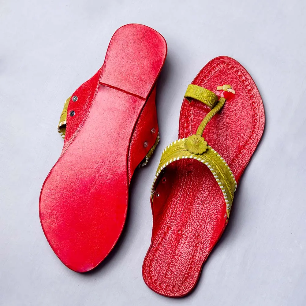 Red - Women Floral Delight: Flower Punch Kolhapuri Leather Slippers