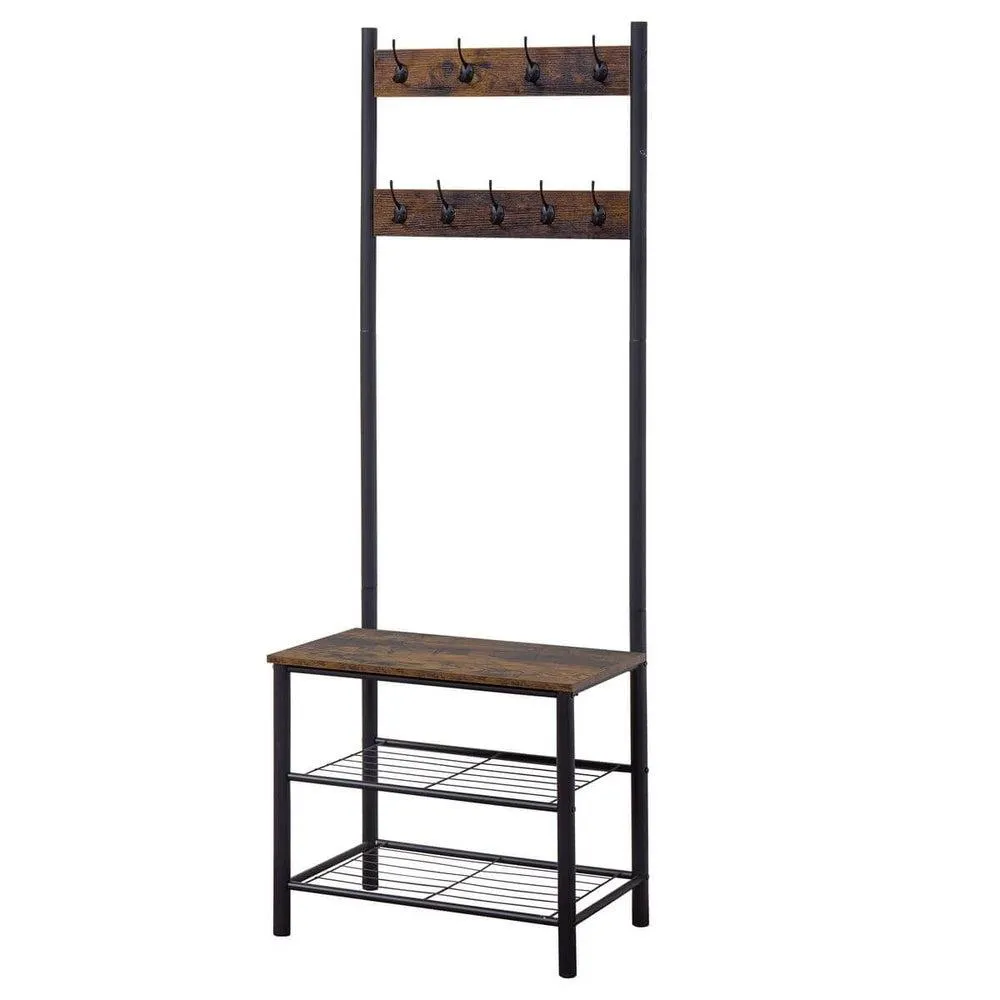 Rustic 3 Tier Hall Tree with 8 Hooks Dark Wood & Matte Black