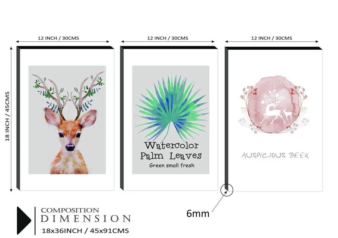 SAF paintings 6MM MDF Auspicious Deer with Watercolor Palm Leaves Self Adeshive Painting 36 inch X 18 inch (12 Inch X 18 Inch Each Painting, Self Installation, Multi-Effect, UV Textured) AANFSXA045