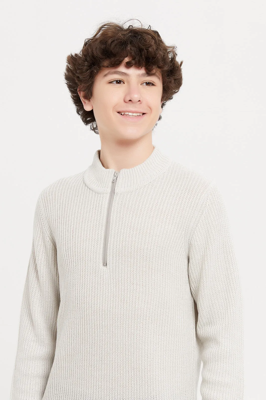 Senior Boys Cream Knitted Zip Neck Pullover