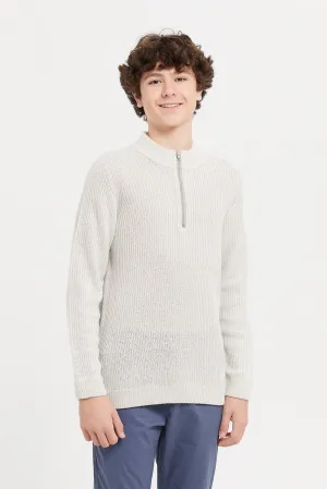 Senior Boys Cream Knitted Zip Neck Pullover