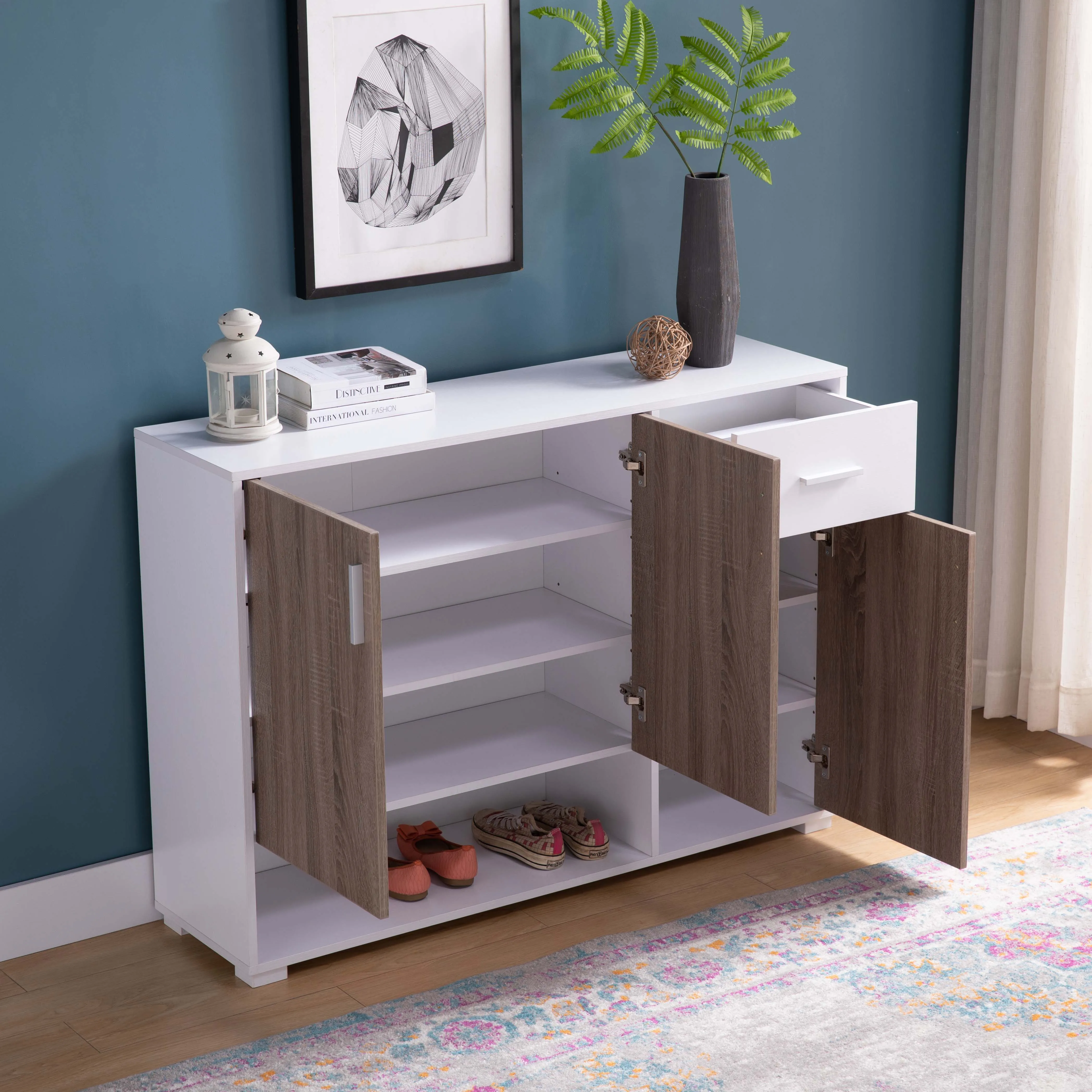 Shoe Storage Cabinet For 17 Pairs, Bedroom Cabinet With Drawer - Doors - White / Dark Taupe