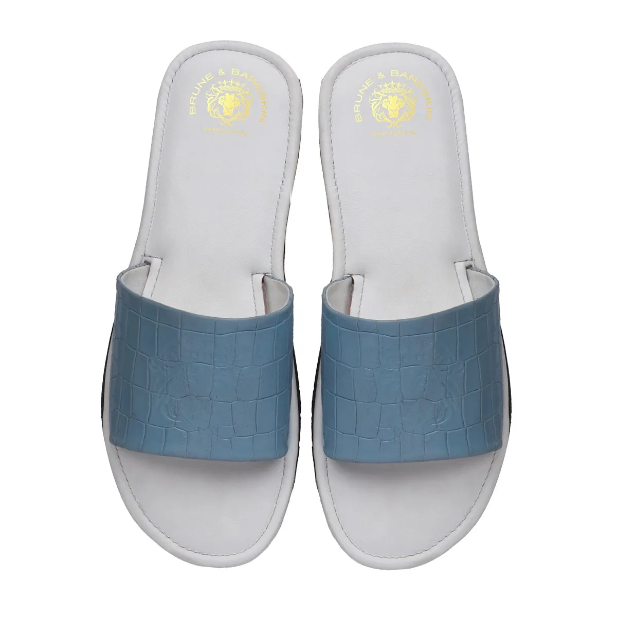 Sky Blue Embossed Lion Deep Cut Croco Strap White Leather Slide-In-Slippers by Brune & Bareskin