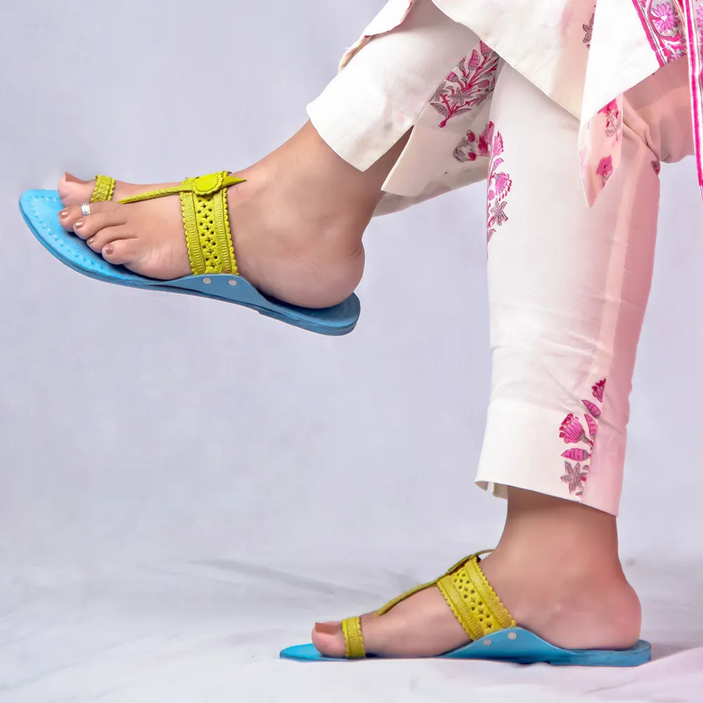 Sky Blue - Women Artistic Kolhapuri Leather Slippers: Punches & Flower