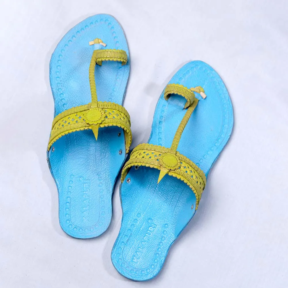 Sky Blue - Women Artistic Kolhapuri Leather Slippers: Punches & Flower