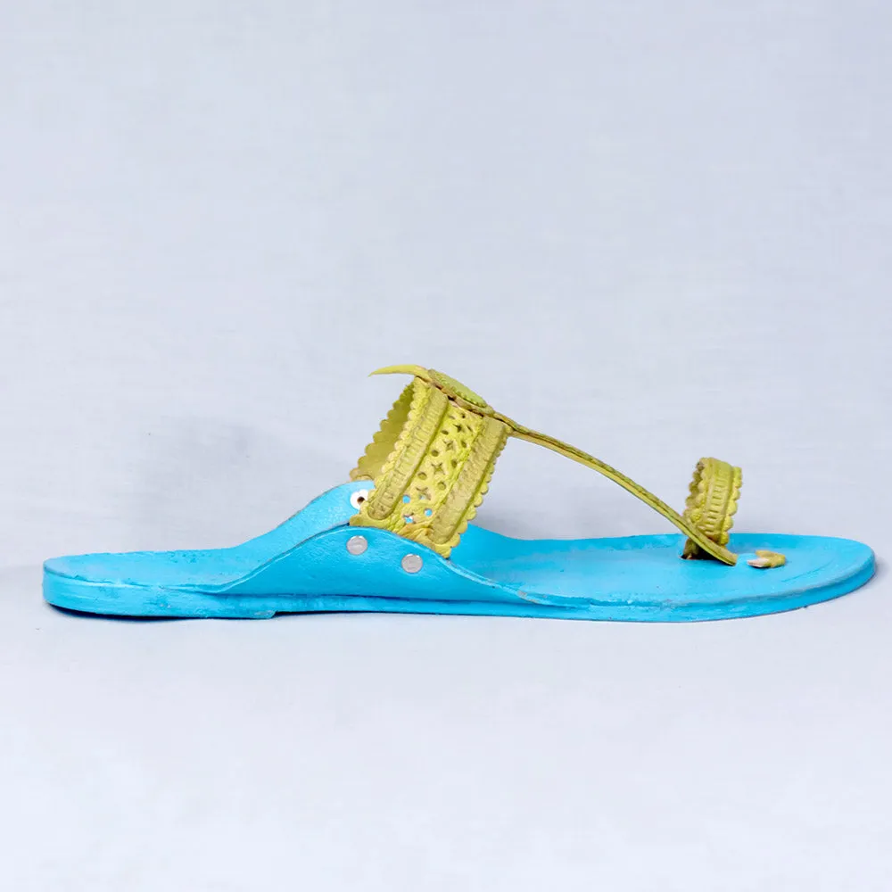 Sky Blue - Women Artistic Kolhapuri Leather Slippers: Punches & Flower