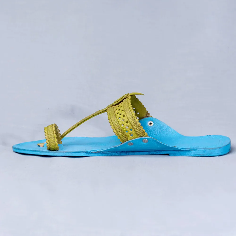 Sky Blue - Women Artistic Kolhapuri Leather Slippers: Punches & Flower