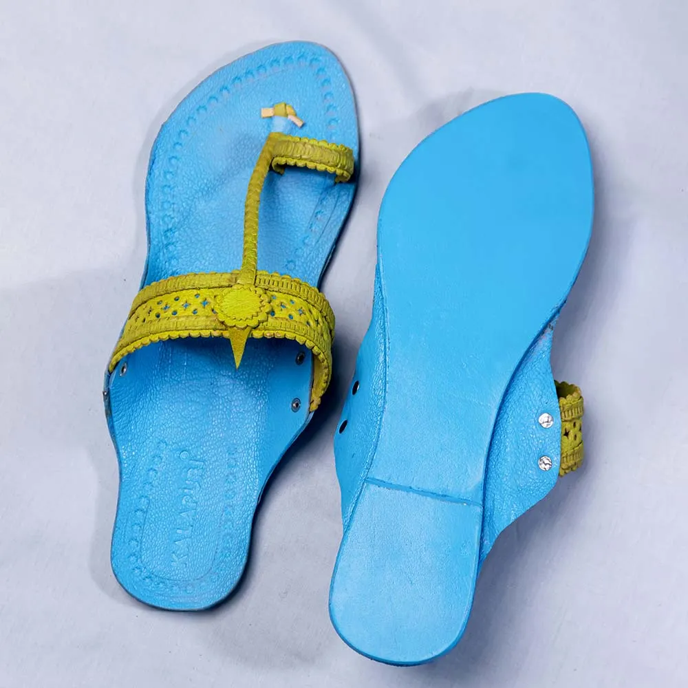 Sky Blue - Women Artistic Kolhapuri Leather Slippers: Punches & Flower