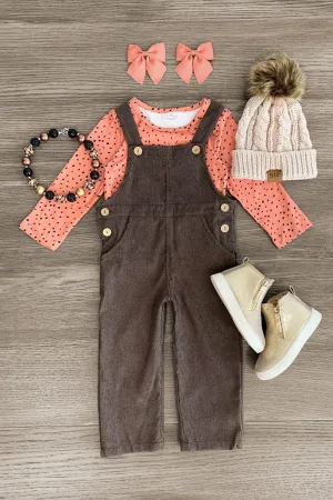 Spotted Coral Corduroy Overall Set