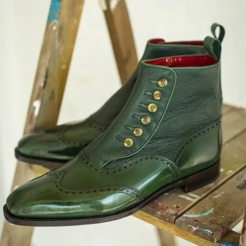 Tailor Made Custom Made Bespoke Handmade Premium Quality Green Leather Wingtip Buttons Boot Vintage Boot Mens Ankle Fashion Boots for Events