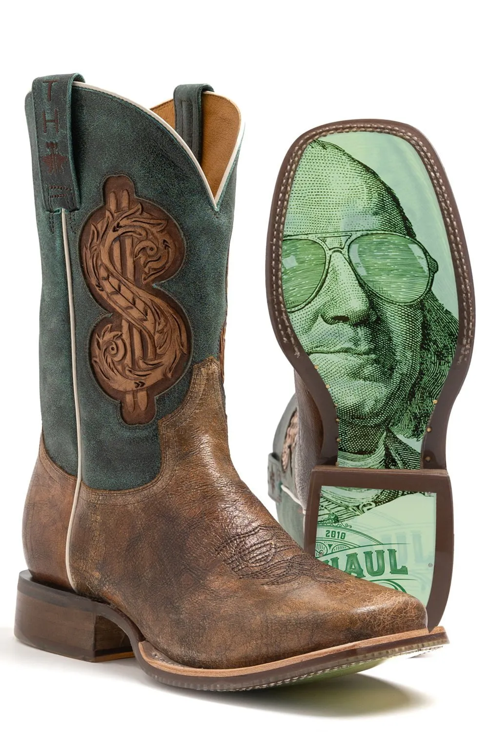 Tin Haul Mens Brown/Green Leather Top Dollar Cool Benjamin Cowboy Boots