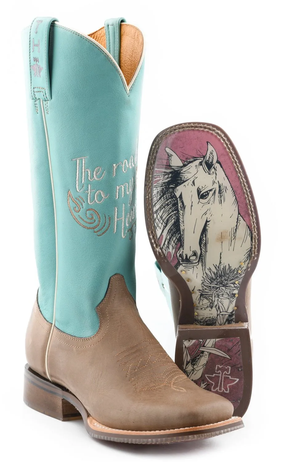 Tin Haul Womens Tan/Turquoise Leather A Cowgirls Motto Cowboy Boots