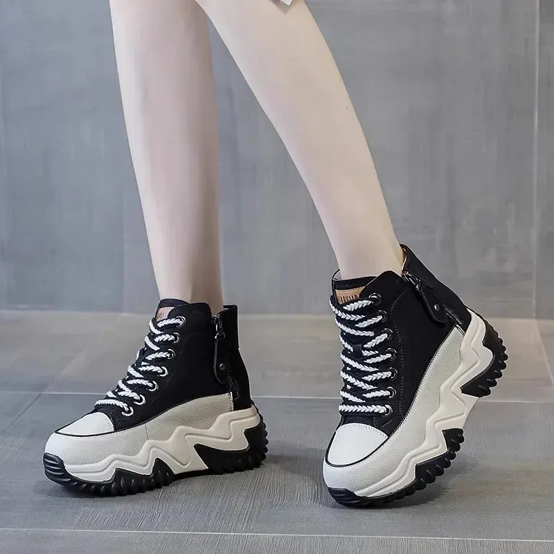 Uniwim Women  2024 Platform Sneakers Black Shoes Spring Autumn Genuine Leather Trainers Keep Warm Fashion Boots Winter Booties