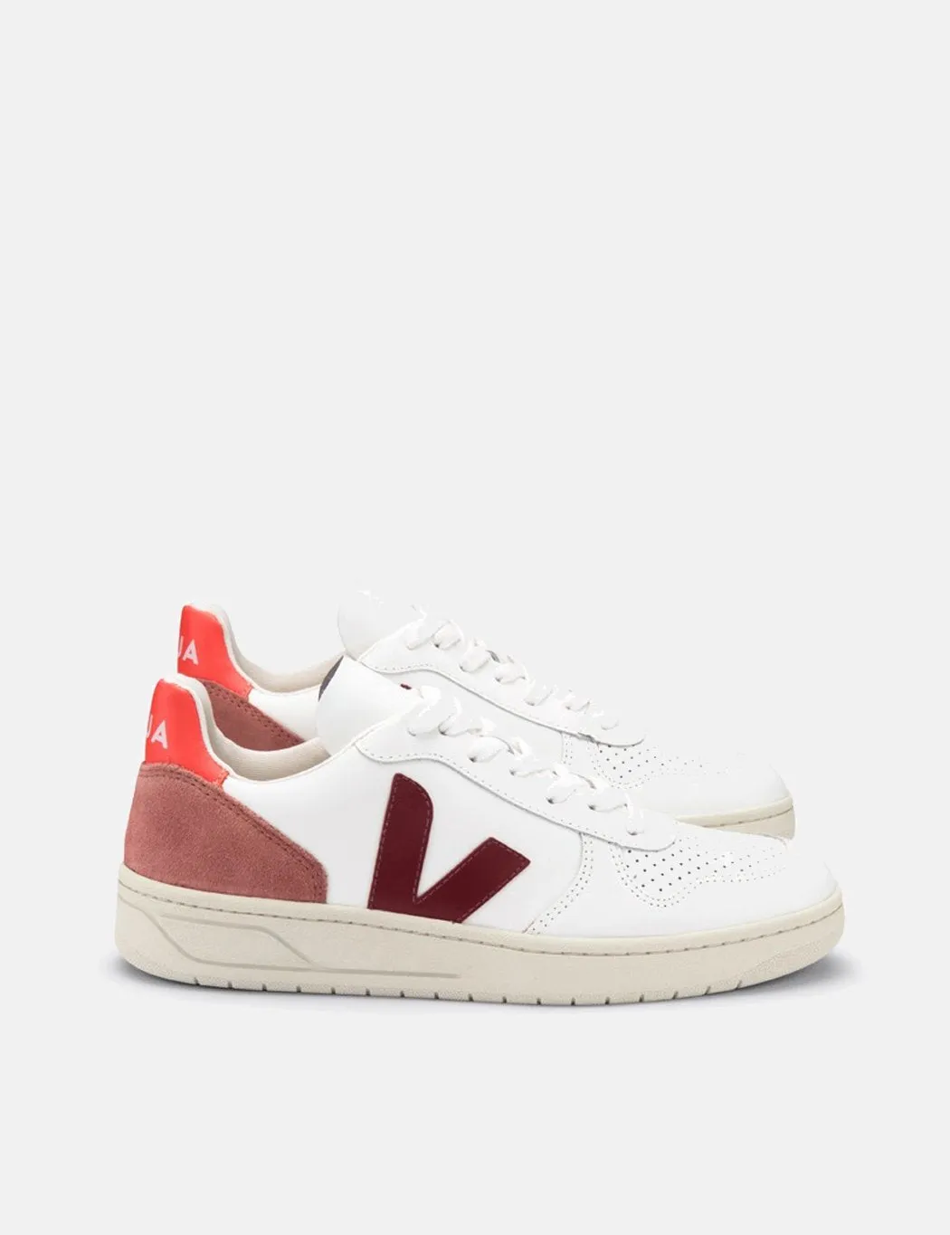 Veja V-10 Leather Trainers - Extra White/Marsala Dried Petal/Orange