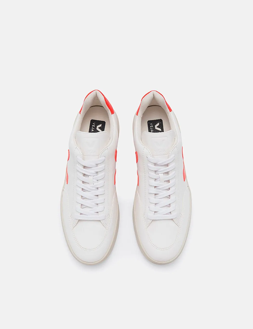 Veja V-12 Leather Trainers - Extra White/Orange Fluo