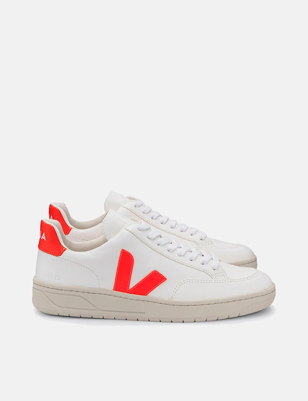 Veja V-12 Leather Trainers - Extra White/Orange Fluo