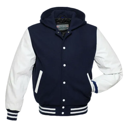 Warrior Gears Classic Varsity Jacket with Hood University Letterman Bomber Jacket- Navy Blue Pure Wool Body & White Real Leather Sleeves