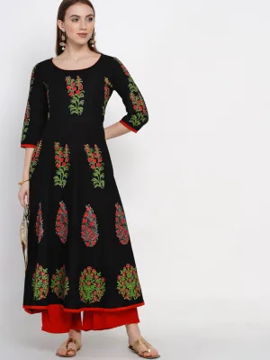 Women Colorful Black Cotton Printed Anarkali With Ajrakh Hand Block Print