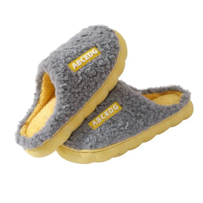 Women Men Plush Slippers Soft Cotton Slippers Shoes Fashion Color Contrast Non-Slip Floor Indoor Flop Slips Bedroom Warm Winter